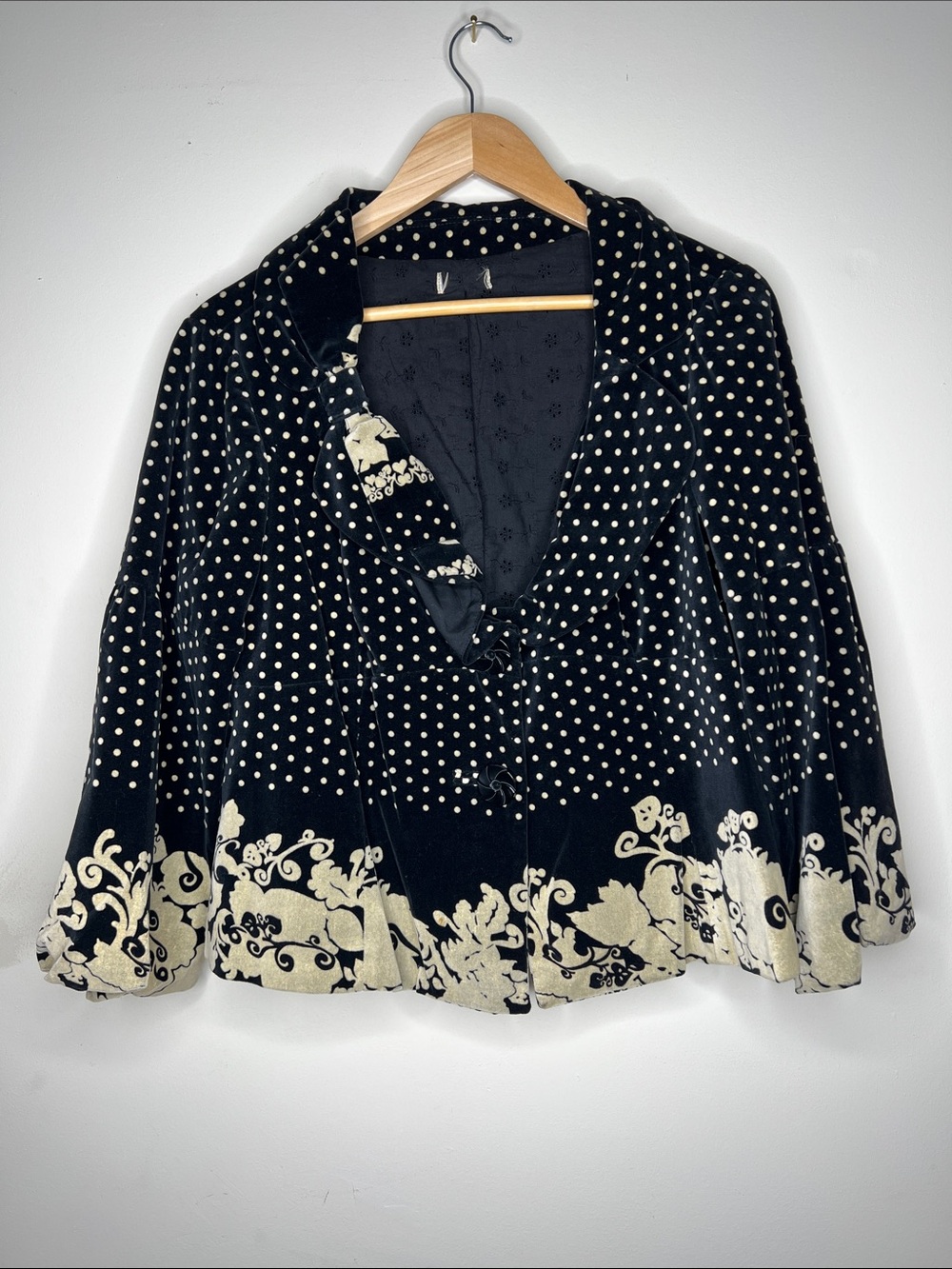 Polka Dot Velvet Jacket with Floral Border - Black/Cream